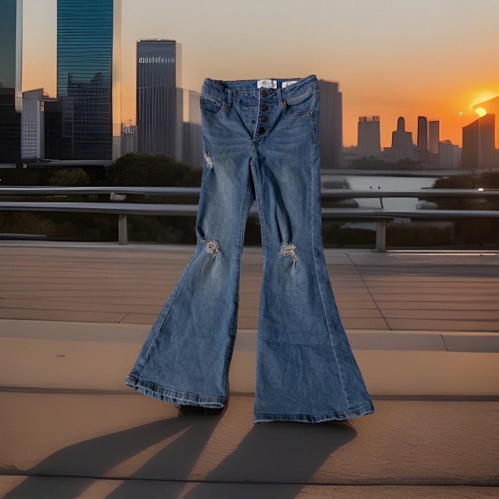 Jessica Simpson Jeans Girls 10 Blue Lulu Ultra Flare Distressed Snap Button Fly